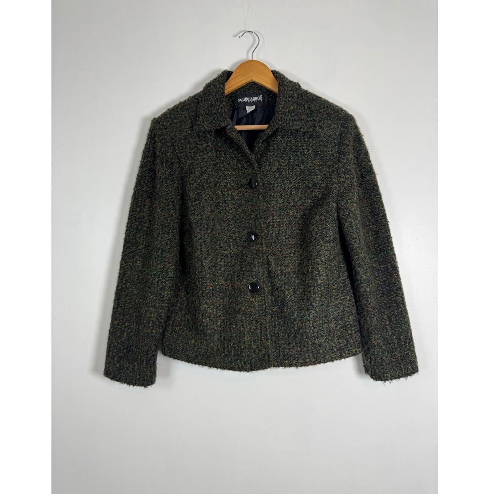 Vintage Sag Harbor Petite 10P Boucle Jacket Green Multi Button Tweed F02128-0376